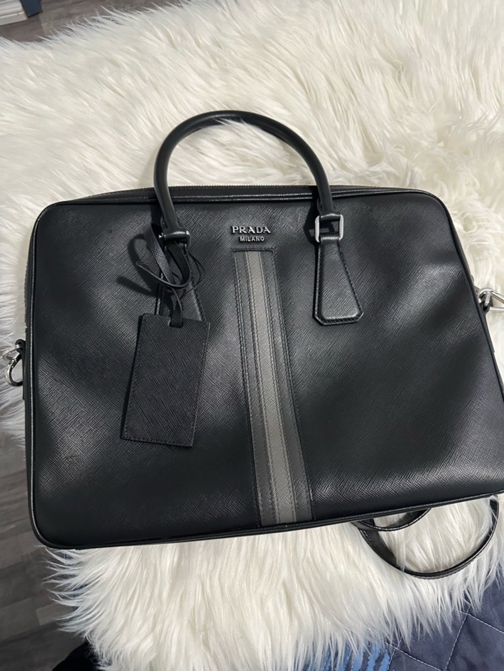 Prada Black Leather Briefcase with Gray Stripe